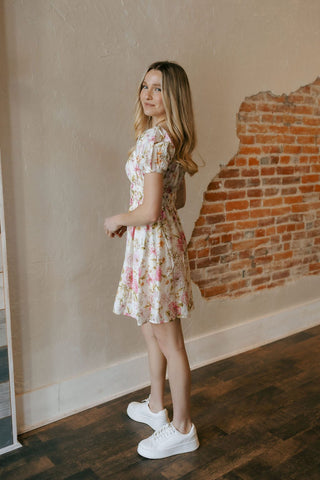 Shirred Floral Mini Dress, Pink *final sale - The Red Thread Boutique