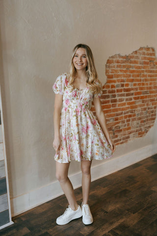 Shirred Floral Mini Dress, Pink *final sale - The Red Thread Boutique