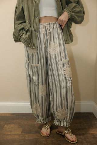 Stella Stripe Crochet Flower Pants, Charcoal - The Red Thread Boutique