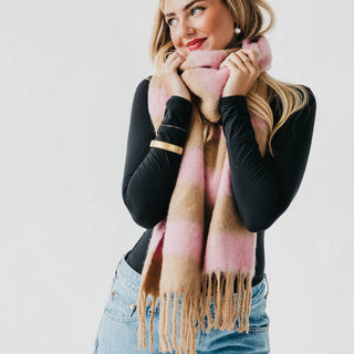 Stevie Striped Tassel Scarf: Tan/Pink - The Red Thread Boutique