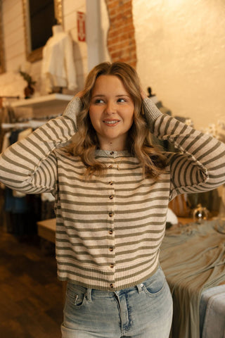 Striped Button Cardigan, Olive - The Red Thread Boutique