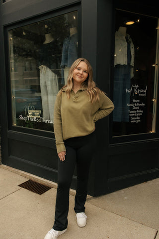 Waffle Henley, Green - The Red Thread Boutique