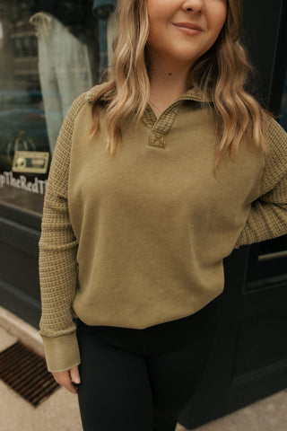 Waffle Henley, Green - The Red Thread Boutique