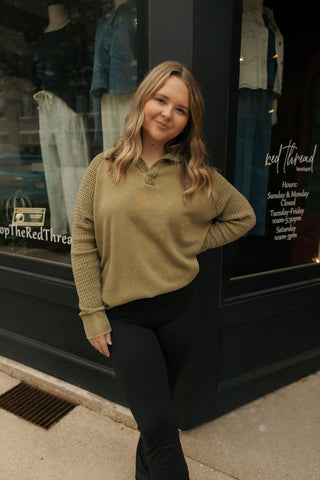 Waffle Henley, Green - The Red Thread Boutique