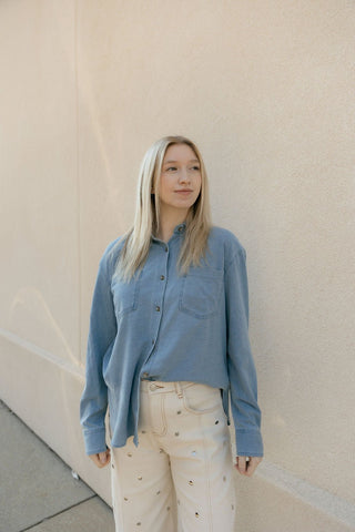 Z Supply Reese Jersey Denim Button Up, Santorini Indigo - The Red Thread Boutique