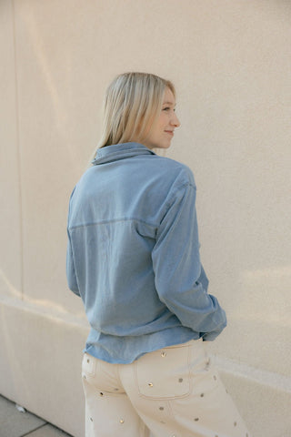 Z Supply Reese Jersey Denim Button Up, Santorini Indigo - The Red Thread Boutique