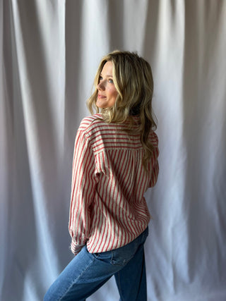 Z Supply Saturdays Stripe Shirt, Crimson Crush - The Red Thread Boutique