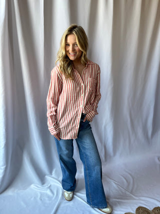 Z Supply Saturdays Stripe Shirt, Crimson Crush - The Red Thread Boutique